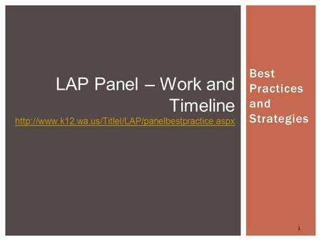 Best Practices and Strategies 1 LAP Panel – Work and Timeline