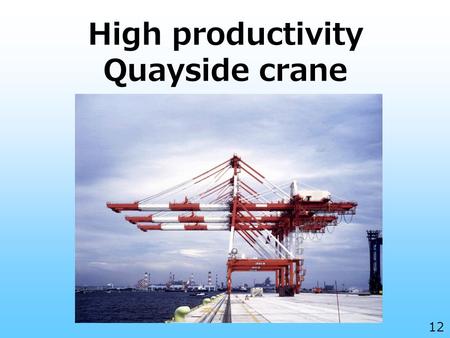 High productivity Quayside crane 12. Efficient operation and Short cycle time of QC 1. Anti-skew Control -Dynamic Skew Control Stable against Wind and.