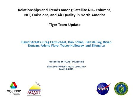 Relationships and Trends among Satellite NO 2 Columns, NO x Emissions, and Air Quality in North America Tiger Team Update David Streets, Greg Carmichael,