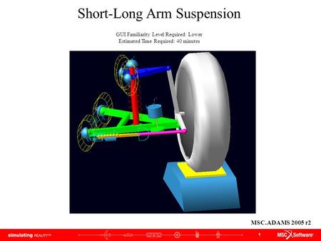 1 Short-Long Arm Suspension GUI Familiarity Level Required: Lower Estimated Time Required: 40 minutes MSC.ADAMS 2005 r2.