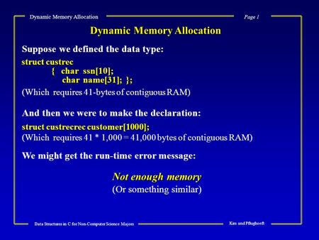 Page 1 Data Structures in C for Non-Computer Science Majors Kirs and Pflughoeft Dynamic Memory Allocation Suppose we defined the data type: struct custrec.