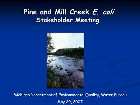 Pine and Mill Creek E. coli Stakeholder Meeting Pine and Mill Creek E. coli Stakeholder Meeting Michigan Department of Environmental Quality, Water Bureau.