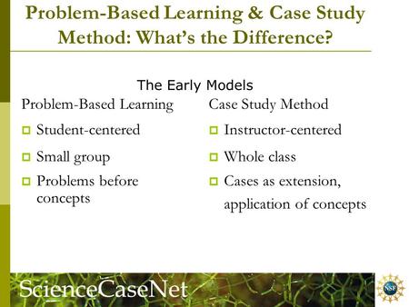 Problem-Based Learning & Case Study Method: What’s the Difference? Problem-Based Learning  Student-centered  Small group  Problems before concepts Case.