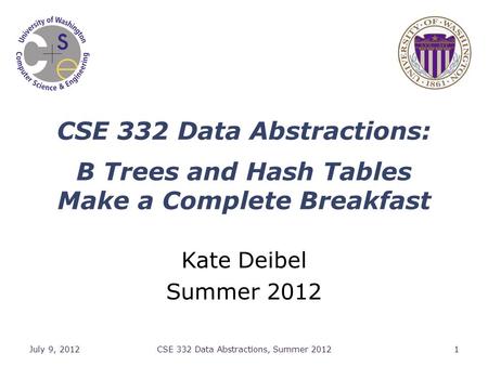 CSE 332 Data Abstractions: B Trees and Hash Tables Make a Complete Breakfast Kate Deibel Summer 2012 July 9, 2012CSE 332 Data Abstractions, Summer 20121.