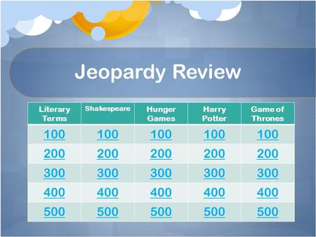 Jeopardy Review Literary Terms Shakespeare Hunger Games Harry Potter Game of Thrones 100 200 300 400 500.