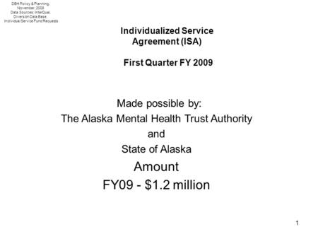 1 DBH Policy & Planning, November, 2008 Data Sources: InterQual, Diversion Data Base, Individual Service Fund Requests Individualized Service Agreement.