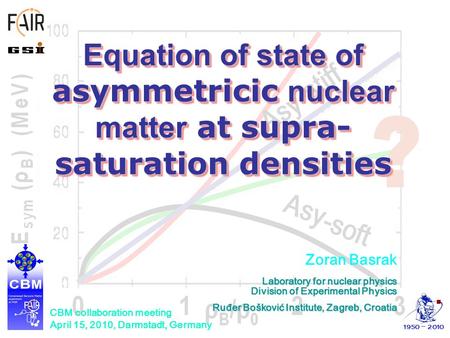 Equation of state of asymmetricic nuclear matter at supra- saturation densities CBM collaboration meeting April 15, 2010, Darmstadt, Germany Laboratory.