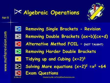 Www.mathsrevision.com Nat 5 Algebraic Operations Removing Single Brackets - Revision Removing Double Brackets (ax+b)(cx+d) Alternative Method FOIL – (