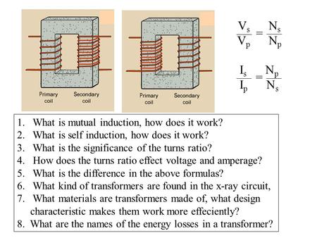 V s N s V p N p = 1. What is mutual induction, how does it work? 2. What is self induction, how does it work? 3. What is the significance of the turns.