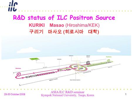 ASIA ILC R&D seminar Kympok National University, Taegu, Korea 129-30 October 2008 R&D status of ILC Positron Source KURIKI Masao (Hiroshima/KEK) ‏ 구리기.