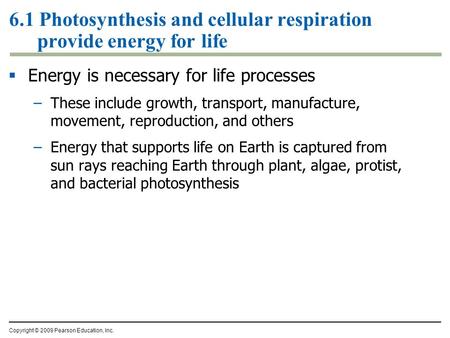 6.1 Photosynthesis and cellular respiration provide energy for life  Energy is necessary for life processes –These include growth, transport, manufacture,