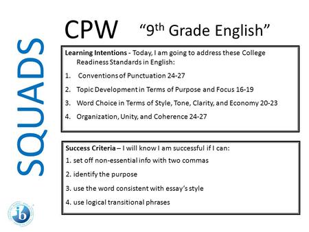 SQUADS Learning Intentions - Today, I am going to address these College Readiness Standards in English: 1. Conventions of Punctuation 24-27 2.Topic Development.