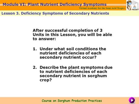 After successful completion of 3 Units in this Lesson, you will be able to answer: 1.Under what soil conditions the nutrient deficiencies of each secondary.