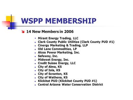 WSPP MEMBERSHIP  14 New Members in 2006  Mirant Energy Trading, LLC Clark County Public Utilities (Clark County PUD #1) Cinergy Marketing & Trading,