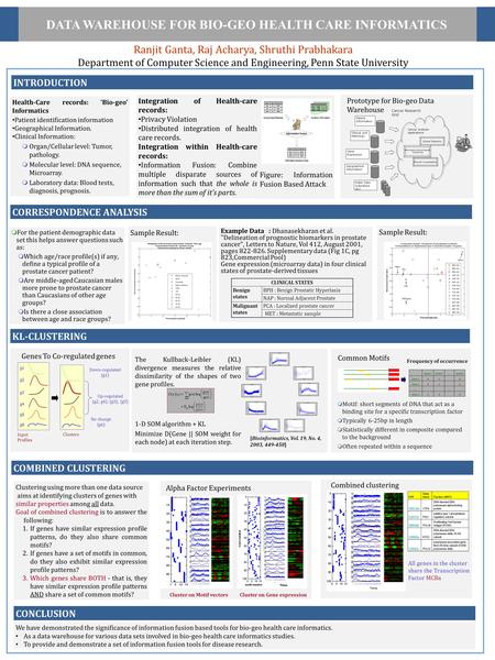 Ranjit Ganta, Raj Acharya, Shruthi Prabhakara Department of Computer Science and Engineering, Penn State University DATA WAREHOUSE FOR BIO-GEO HEALTH CARE.