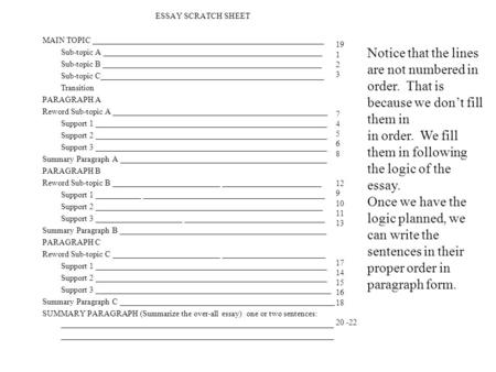 ESSAY SCRATCH SHEET MAIN TOPIC ________________________________________________________ Sub-topic A _____________________________________________________.