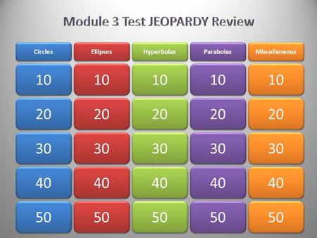 50 Miscellaneous Parabolas Hyperbolas Ellipses Circles 40 30 20 10 20 30 40 50 10 20 30 40 50 10 20 30 40 50 10 20 30 40 50.