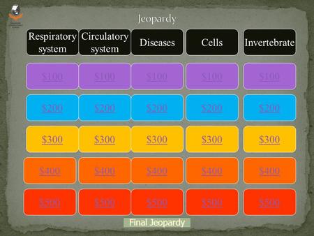 $100 Respiratory system Circulatory system DiseasesCellsInvertebrate $200 $300 $400 $500 $400 $300 $200 $100 $500 $400 $300 $200 $100 $500 $400 $300 $200.