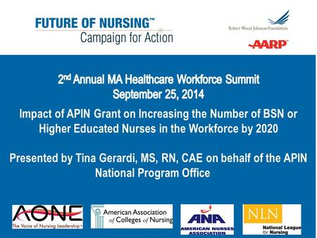 Academic Progression in Nursing Objective: test promising models in pursuit of the 80/20 goal RWJF and Tri-Council for Nursing Nine states selected in.