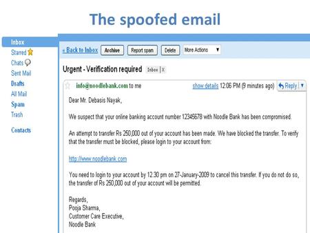 The spoofed email. The spoofing The link appears as www.noodlebank.comwww.noodlebank.com (i.e NOODLEBANK.com) But actually it links to www.nood1ebank.comwww.nood1ebank.com.