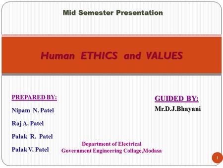 PREPARED BY: Nipam N. Patel Raj A. Patel Palak R. Patel Palak V. Patel 1 Human ETHICS and VALUES GUIDED BY: Mr.D.J.Bhayani Department of Electrical Government.