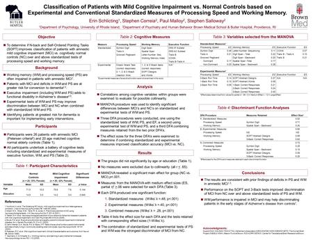 Classification of Patients with Mild Cognitive Impairment vs. Normal Controls based on Experimental and Conventional Standardized Measures of Processing.