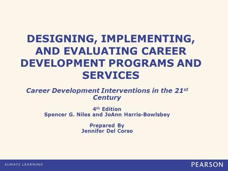 DESIGNING, IMPLEMENTING, AND EVALUATING CAREER DEVELOPMENT PROGRAMS AND SERVICES Career Development Interventions in the 21 st Century 4 th Edition Spencer.