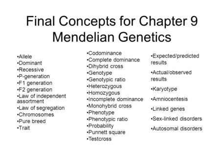 Final Concepts for Chapter 9 Mendelian Genetics Allele Dominant Recessive P-generation F1 generation F2 generation Law of independent assortment Law of.