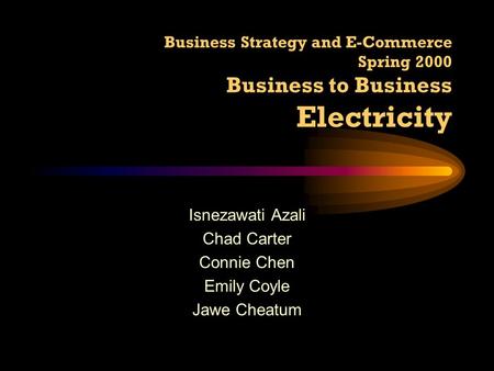 Business Strategy and E-Commerce Spring 2000 Business to Business Electricity Isnezawati Azali Chad Carter Connie Chen Emily Coyle Jawe Cheatum.