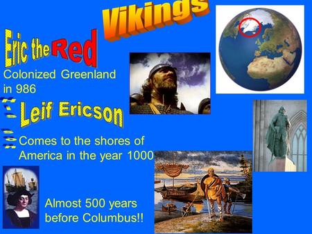 Colonized Greenland in 986 Comes to the shores of America in the year 1000 Almost 500 years before Columbus!!