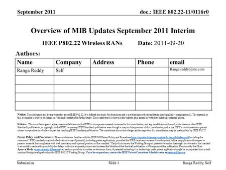 Doc.: IEEE 802.22-11/0116r0 Submission September 2011 Ranga Reddy, SelfSlide 1 Overview of MIB Updates September 2011 Interim IEEE P802.22 Wireless RANs.