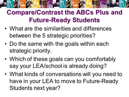 Compare/Contrast the ABCs Plus and Future-Ready Students What are the similarities and differences between the 5 strategic priorities? Do the same with.