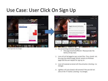 Existing screen (No Change) 1.Re-use existing activation lightbox  Message should be different. Please provide the text by 26 Sep noon. 2.User will not.