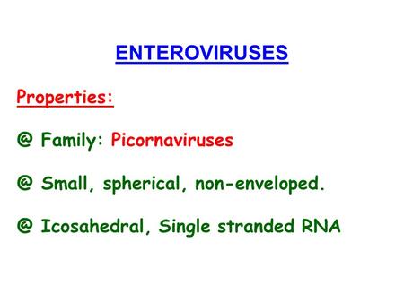 ENTEROVIRUSES Family: Small, spherical, Icosahedral, Single stranded RNA.