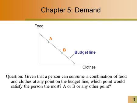 1 Chapter 5: Demand Question: Given that a person can consume a combination of food and clothes at any point on the budget line, which point would satisfy.