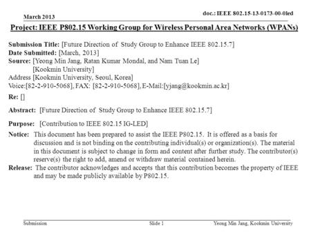 Doc.: IEEE 802.15-xxxxx Submission doc. : IEEE 802. 15-12-0164-00-wng0 Slide 1 Project: IEEE P802.15 Working Group for Wireless Personal Area Networks.