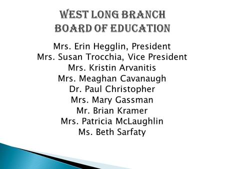 Mrs. Erin Hegglin, President Mrs. Susan Trocchia, Vice President Mrs. Kristin Arvanitis Mrs. Meaghan Cavanaugh Dr. Paul Christopher Mrs. Mary Gassman Mr.