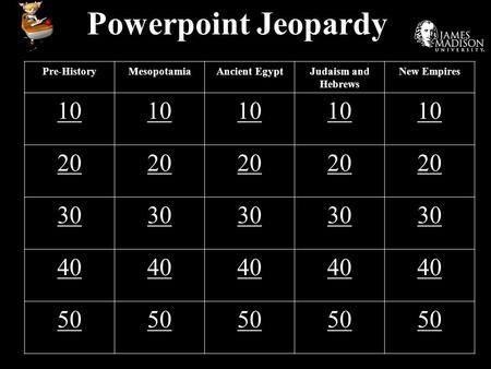 Powerpoint Jeopardy Pre-HistoryMesopotamiaAncient EgyptJudaism and Hebrews New Empires 10 20 30 40 50.