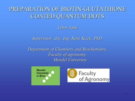 1 PREPARATION OF BIOTIN-GLUTATHIONE COATED QUANTUM DOTS Libor Janů Supervisor: doc. Ing. René Kizek, PhD. Department of Chemistry and Biochemistry, Faculty.