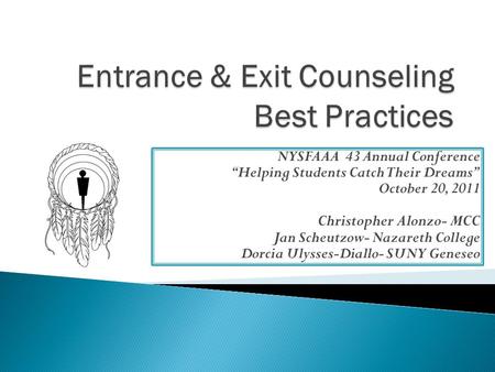 NYSFAAA 43 Annual Conference “Helping Students Catch Their Dreams” October 20, 2011 Christopher Alonzo- MCC Jan Scheutzow- Nazareth College Dorcia Ulysses-Diallo-