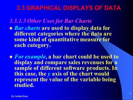 Dr. Serhat Eren 1 3.3.1.3 Other Uses for Bar Charts Bar charts are used to display data for different categories where the data are some kind of quantitative.