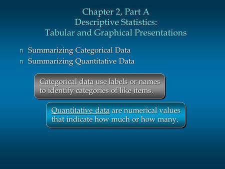 Chapter 2, Part A Descriptive Statistics: Tabular and Graphical Presentations n Summarizing Categorical Data n Summarizing Quantitative Data Categorical.