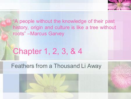 “A people without the knowledge of their past history, origin and culture is like a tree without roots” –Marcus Garvey Chapter 1, 2, 3, & 4 Feathers from.