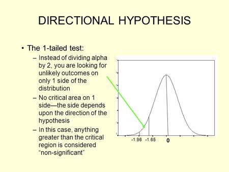 DIRECTIONAL HYPOTHESIS The 1-tailed test: –Instead of dividing alpha by 2, you are looking for unlikely outcomes on only 1 side of the distribution –No.