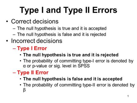 Correct decisions –The null hypothesis is true and it is accepted –The null hypothesis is false and it is rejected Incorrect decisions –Type I Error The.