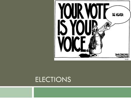 ELECTIONS. Political Participation  Forms of political participation  Voting in elections  is most common form of political participation Is basis.