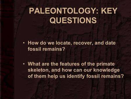 PALEONTOLOGY: KEY QUESTIONS How do we locate, recover, and date fossil remains? What are the features of the primate skeleton, and how can our knowledge.