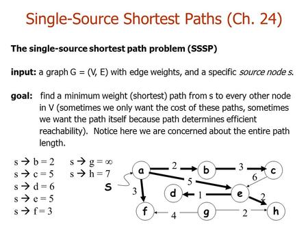 The single-source shortest path problem (SSSP) input: a graph G = (V, E) with edge weights, and a specific source node s. goal: find a minimum weight (shortest)