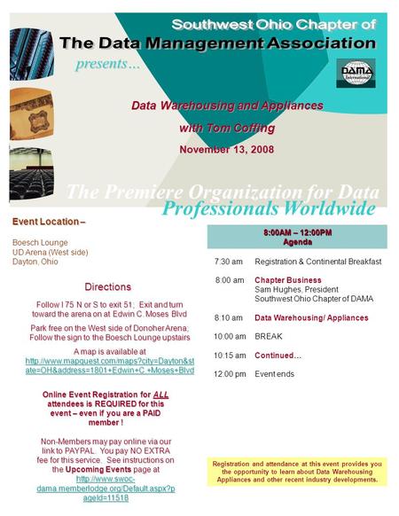 Data Warehousing and Appliances with Tom Coffing November 13, 2008 presents… The Premiere Organization for Data Professionals Worldwide 8:00AM – 12:00PM.