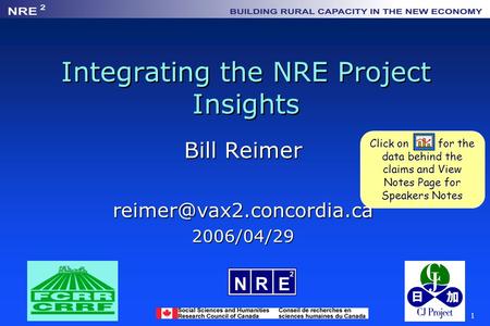 1 Integrating the NRE Project Insights Bill Reimer Click on for the data behind the claims and View Notes Page for Speakers.